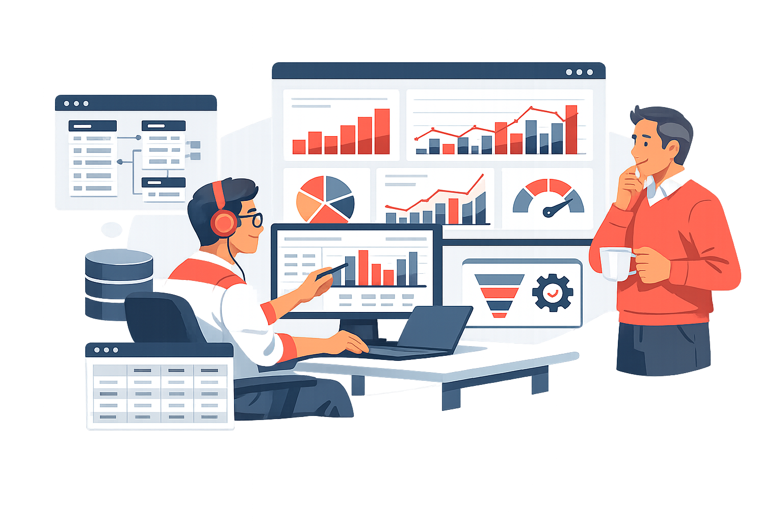 Illustration of charts, dashboards, and data panels for business intelligence work.