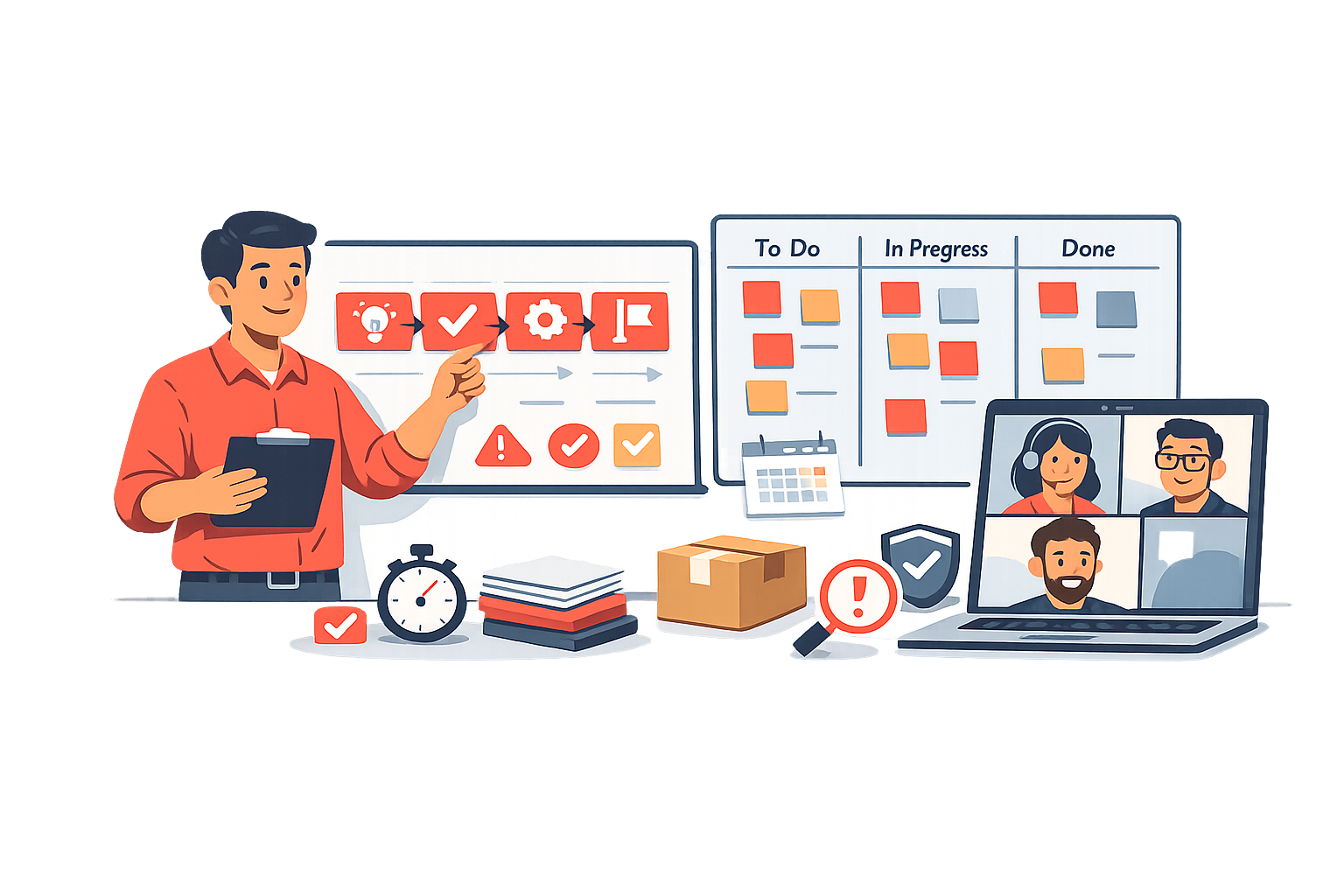 Illustration of roadmap cards, delivery steps, and a product delivery specialist.