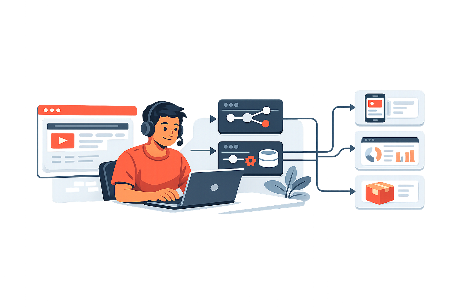 Illustration of a developer working with code windows and connected product panels.