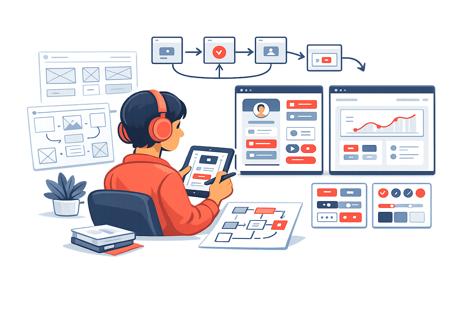 Illustration of a designer reviewing interface panels and product flow cards.